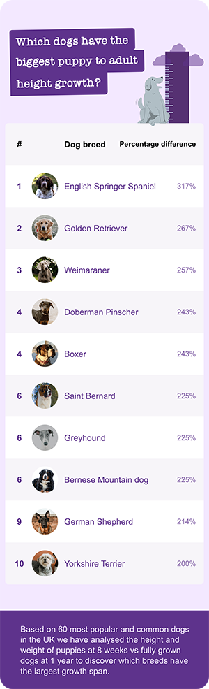 Which dogs have the biggest puppy to adult height growth image